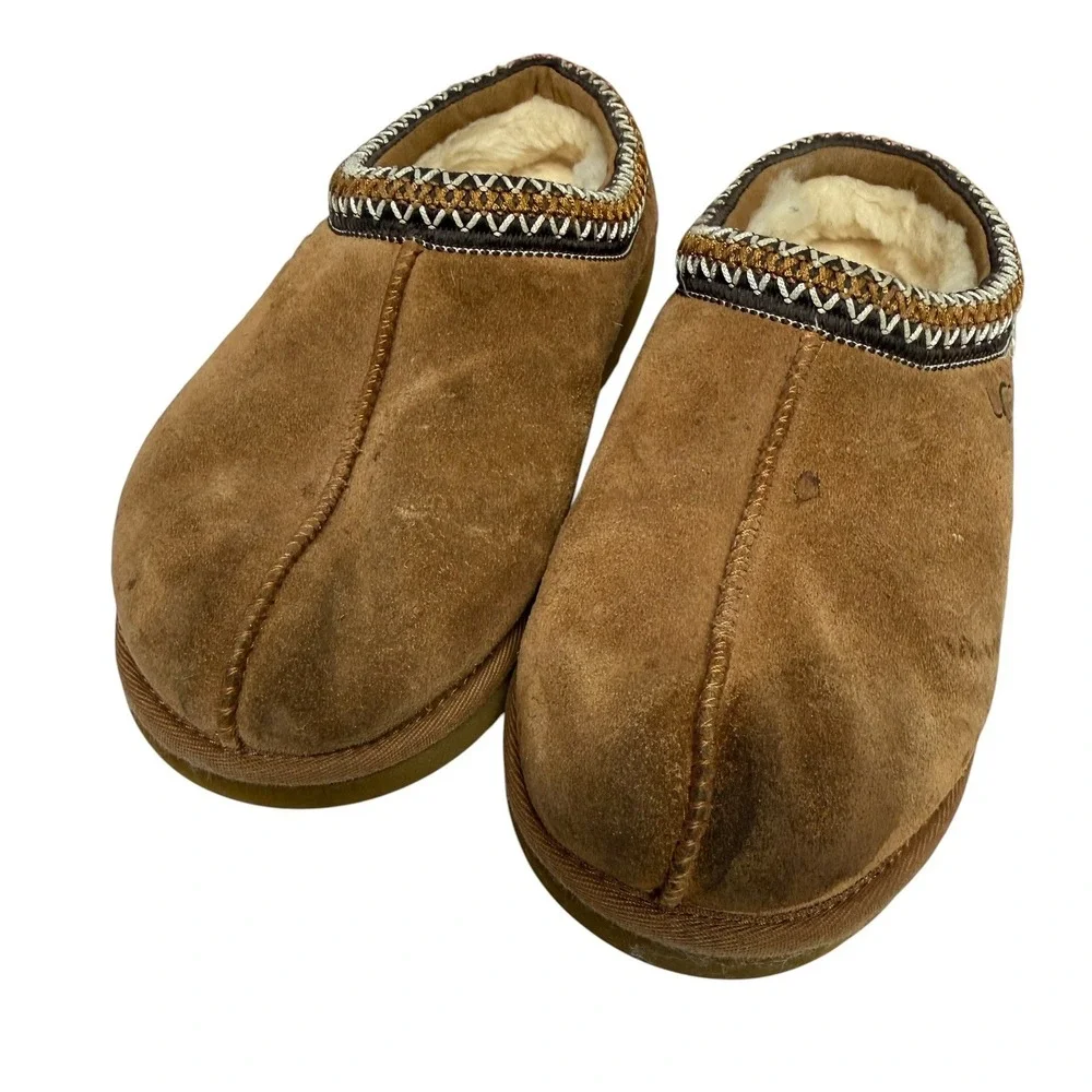 UGG Tasman Slippers Women 9.5/10 Chestnut Brown Suede Sheepskin Braid Trim - Picture 3 of 8